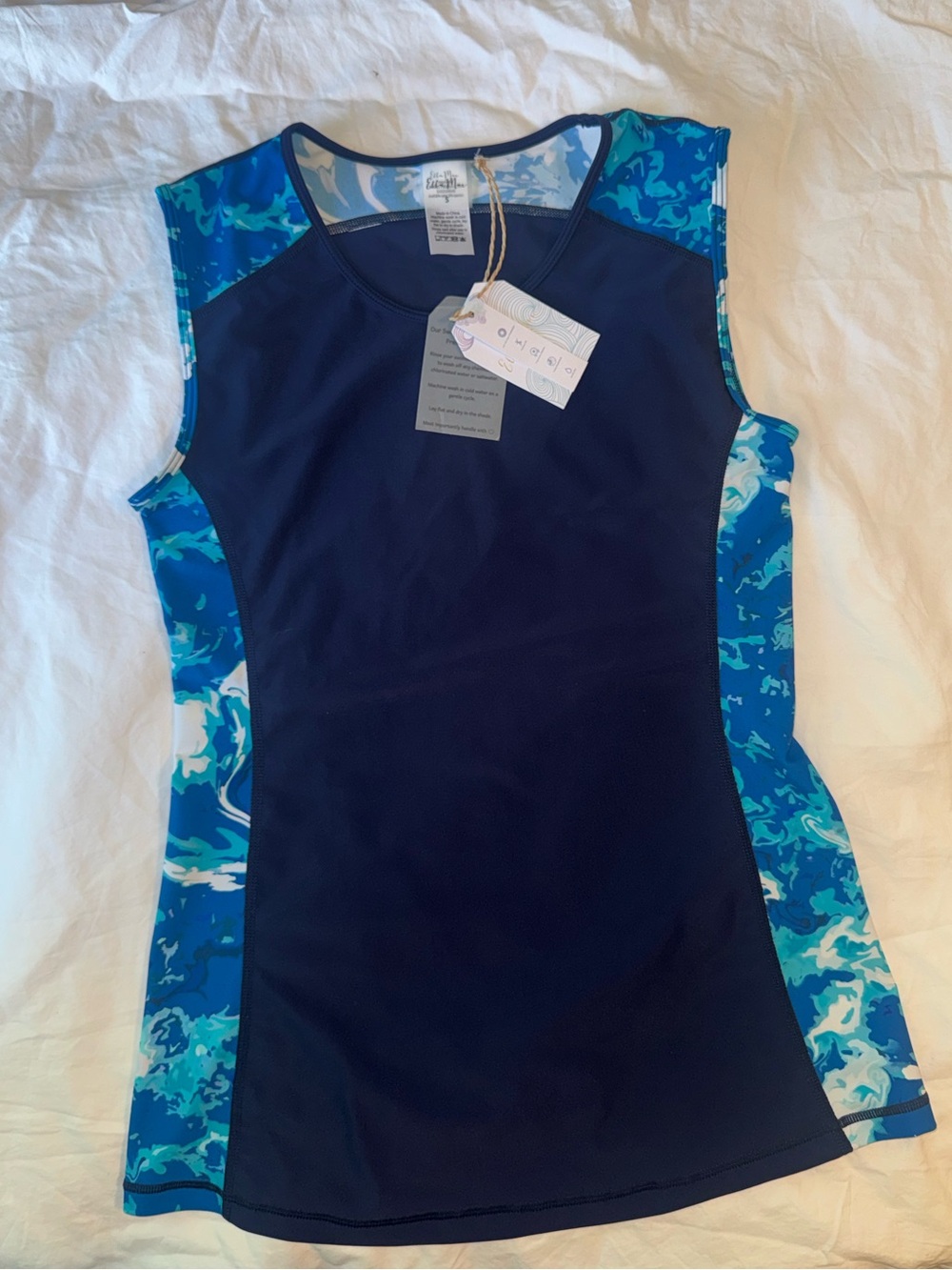 NWT Ella Mar Navy Blue with Turquoise Patterned Swimwear Top Size S